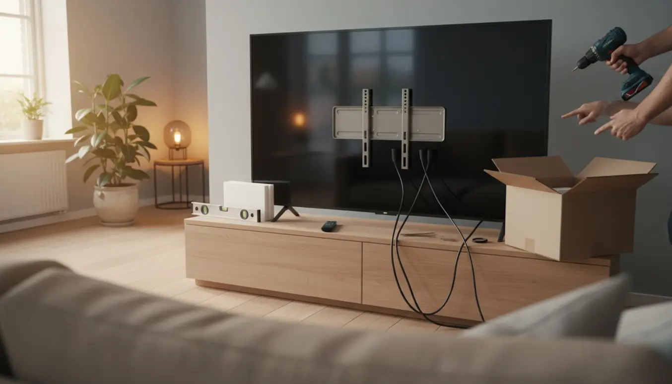 Tekniker opsætter et nyt fladt Samsung‑stil TV i en moderne stue, kun hænder og værktøj synlige.