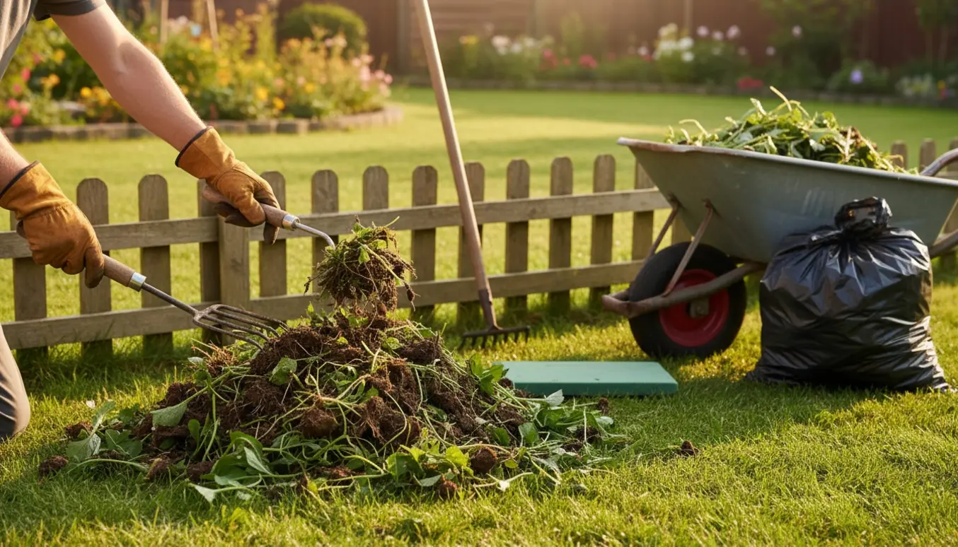 Handskeklædte hænder læsser nyrenset ukrudt i en trillebør i en lille baghave.