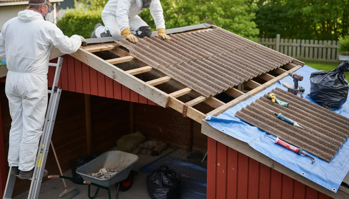 Carport og redskabshus hvor smuldrende tagplader fjernes, nye mokka-plader og værktøj ligger klar.