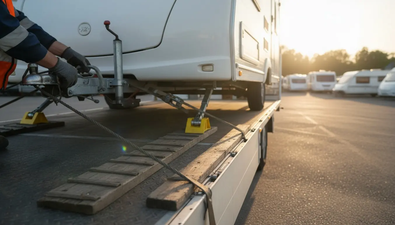 En campingvogn bliver fastgjort og trukket op på en transportvogn under afhentning med fokus på hænder og kobling.