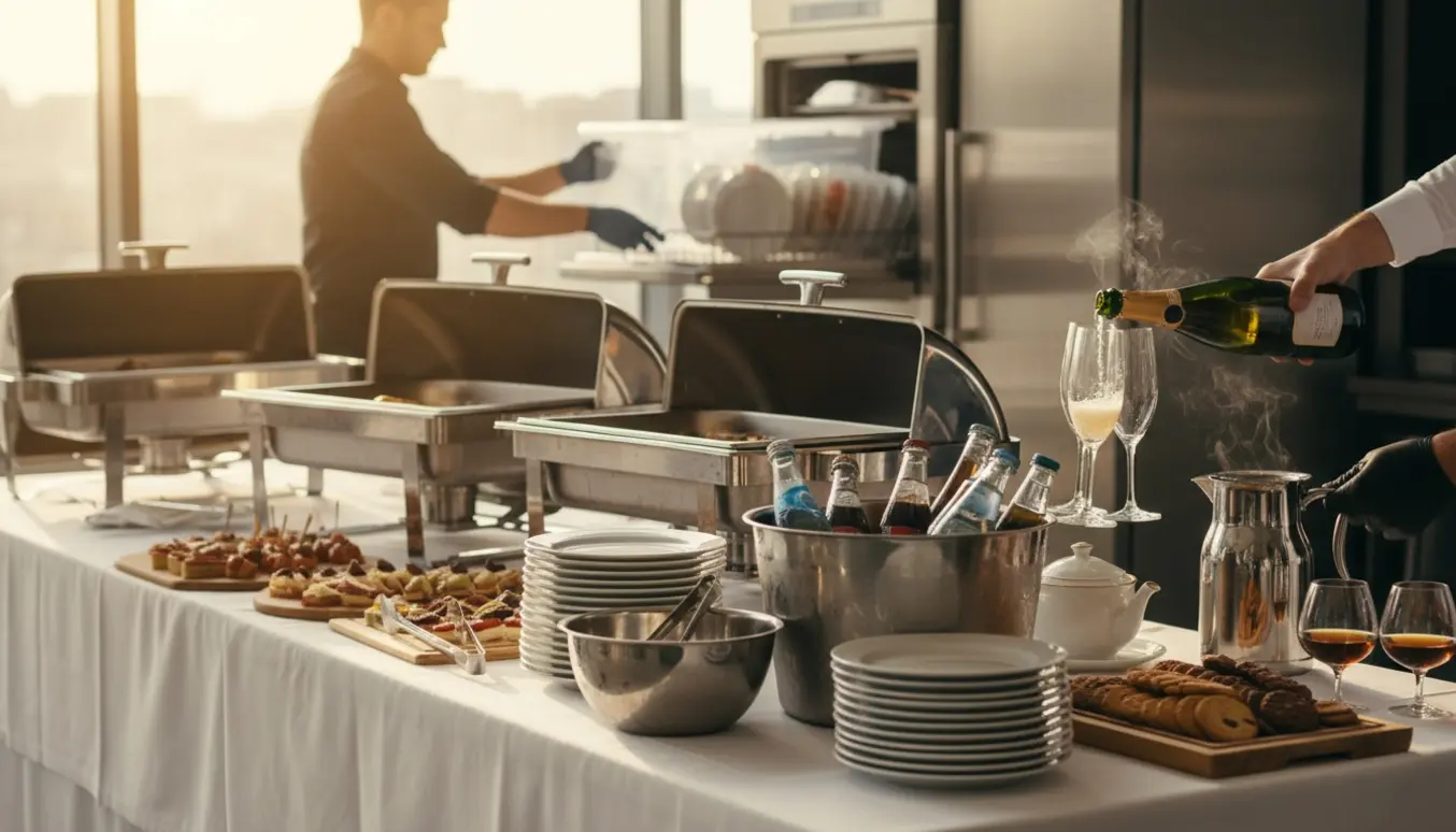 Buffetopstilling i et cateringkøkken med hænder, der hælder champagne, serverer kaffe og rydder op.