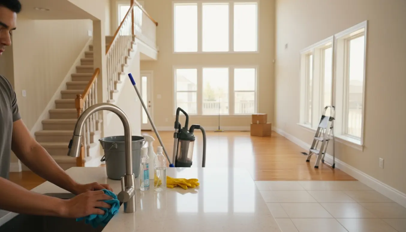 Hånd pudser vandhane under slutrengøring i et lyst hus med trappe og rengøringsudstyr.