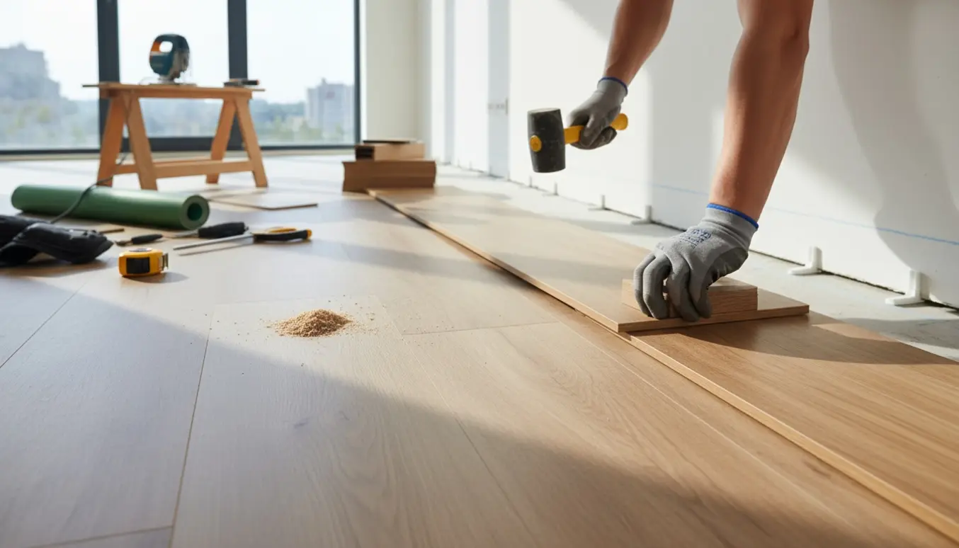Nærbillede af klikgulvsinstallation i et lyst, åbent rum med værktøj og stakke af gulvplanker.
