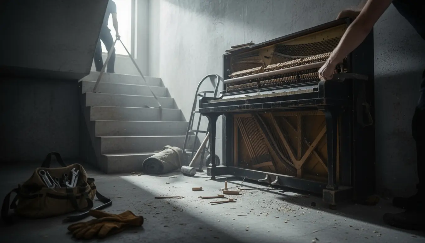 Delvist demonteret klaver i en kælder ved trappen, med værktøj og flyttemateriel klar til bortskaffelse.