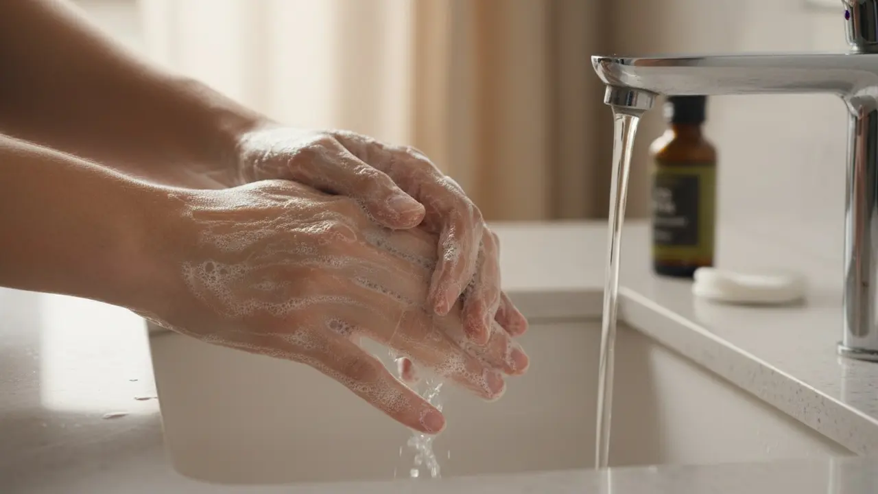 Nærbillede af hænder under lunkent vand og sæbe mens lim forsigtigt løsnes