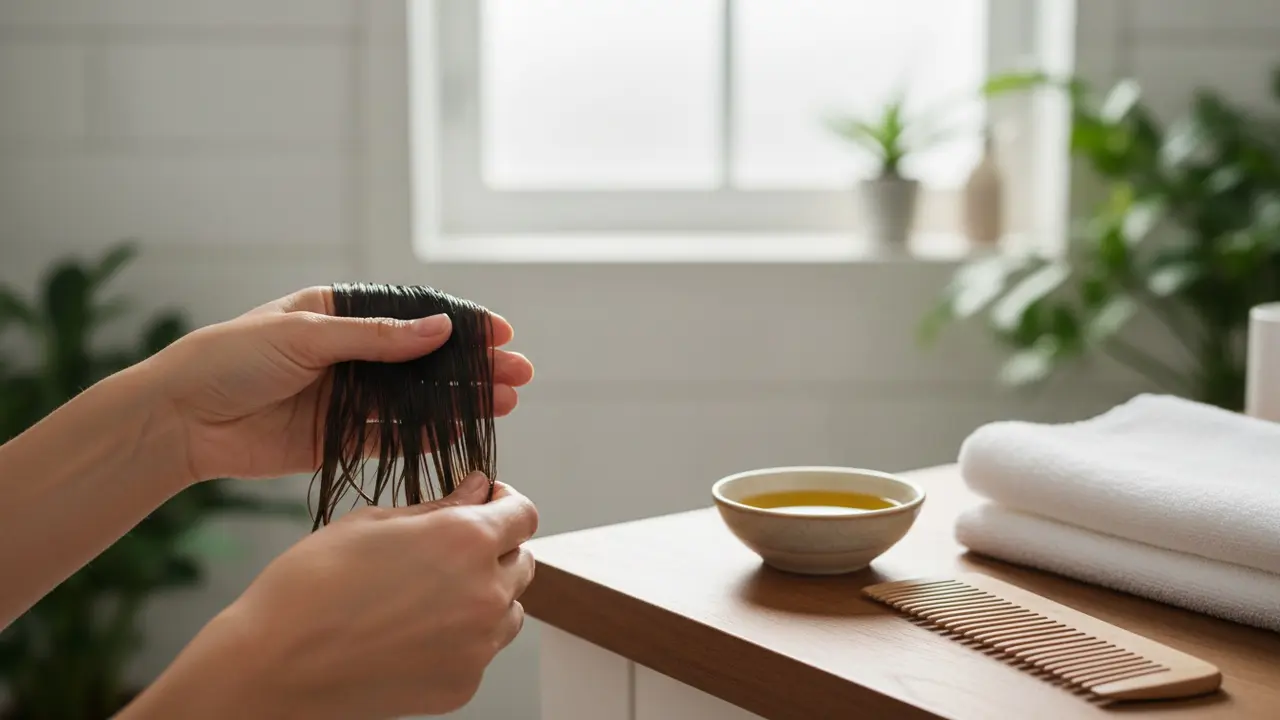 Hænder masserer rigelig olivenolie ind i en hårtot med grovtandet kam ved siden af