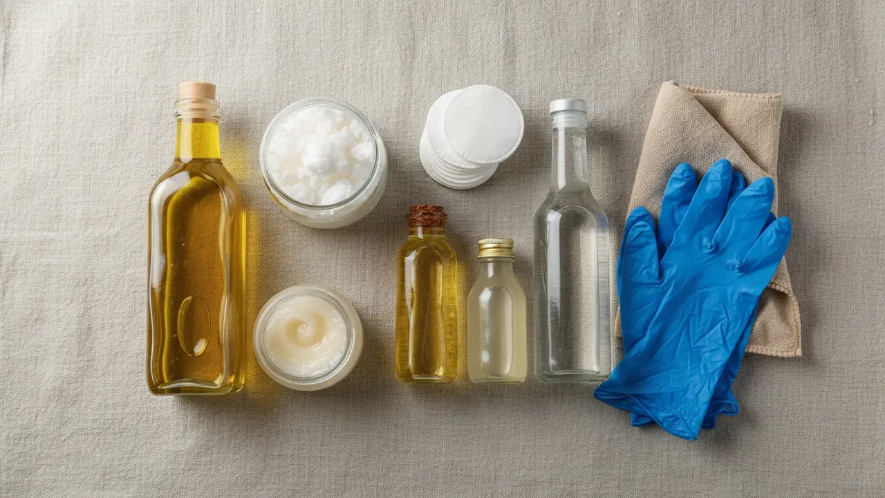 Oversigtsbillede af naturlige opløsningsmidler som olier, vaseline og vineddike på et håndklæde