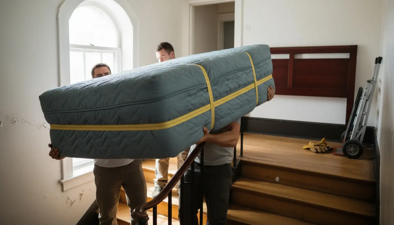 Flyttemænd bærer en seng op ad trappen mod en øvre etage med madrasbokse og en sengegavl på landingen.