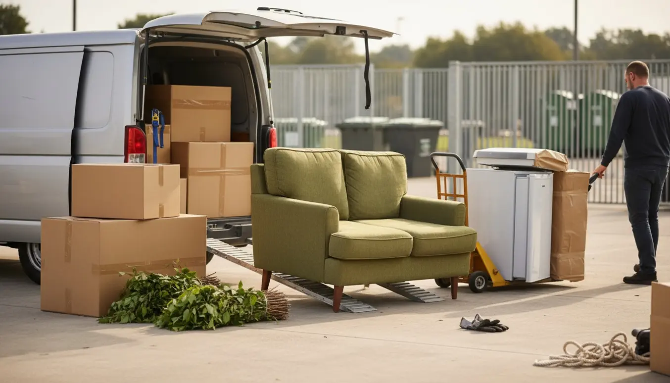 Trailer læsses med møbler, pap og haveaffald på en niveaufri indkørsel.