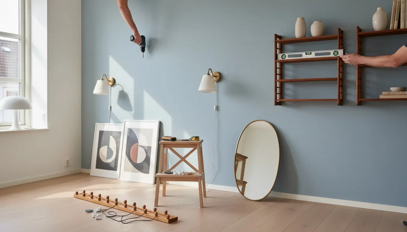 Hænger reoler, et ovalt spejl, lamper og malerier op på en lys skandinavisk væg med værktøj i forgrunden.
