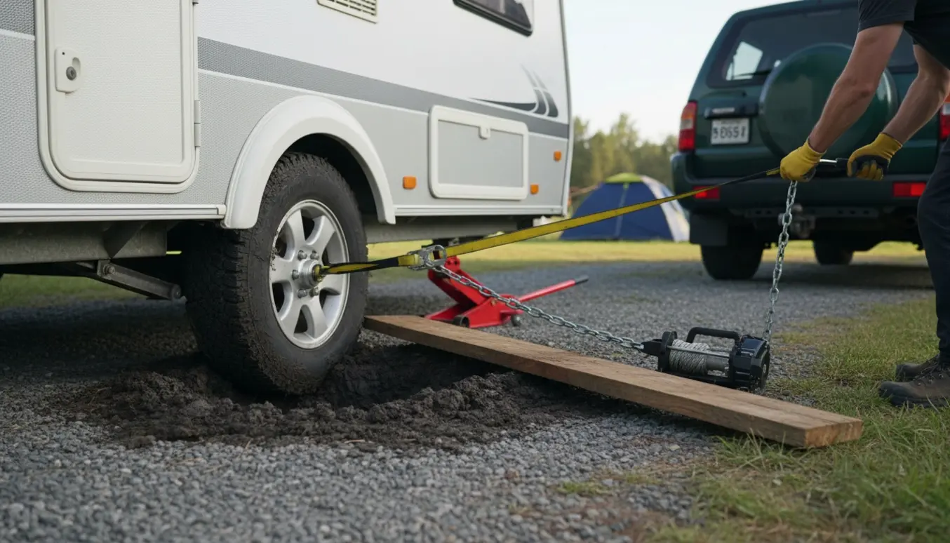 To personer arbejder med spil, trækstrop og planke for at få et campingvognshjul op af et mudret hul.