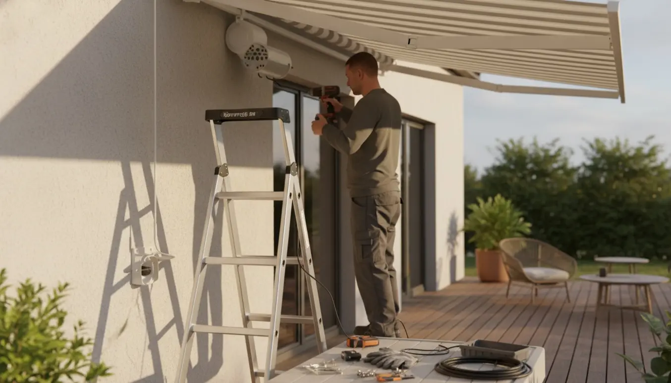 Installatør på en stige monterer en elstyret markise over en terrasse med værktøj og kabler synlige.
