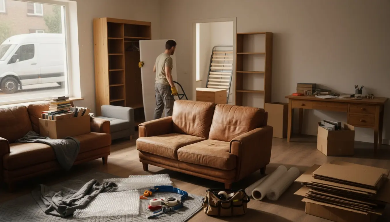 En 2,5-værelses lejlighed ryddes efter dødsbo med møbler, flyttekasser og flytteudstyr klar til afhentning.