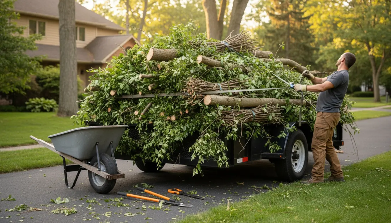 Stor åben trailer fyldt med friske grene og haveaffald ved indkørsel, en person læsser uden at vise ansigt.