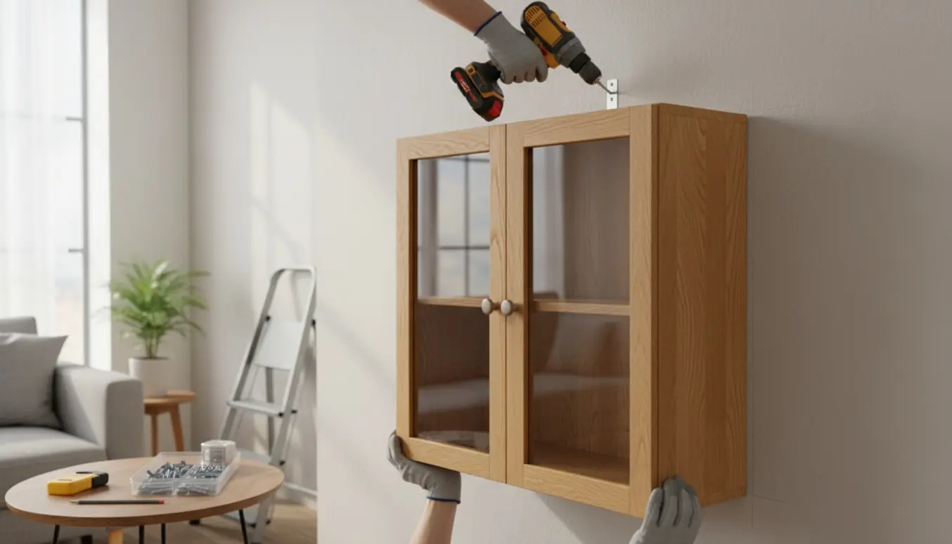 To hænder monterer et vitrineskab på en væg med boremaskine og beslag i et lyst rum.