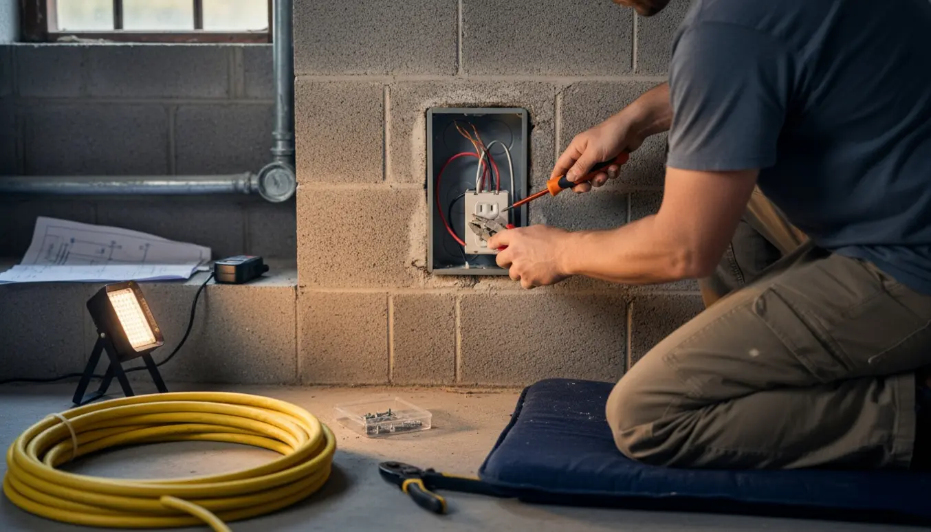 Hænder fra en elektriker i kælderen installerer en stikkontakt i en betonvæg med værktøj og arbejdslygte i forgrunden.