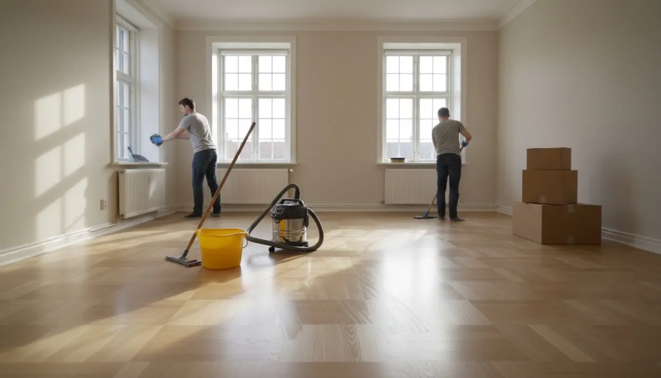 Tom Østerbro-lejlighed under rengøring med moppe, støvsuger og aftørrede vindueskarme.