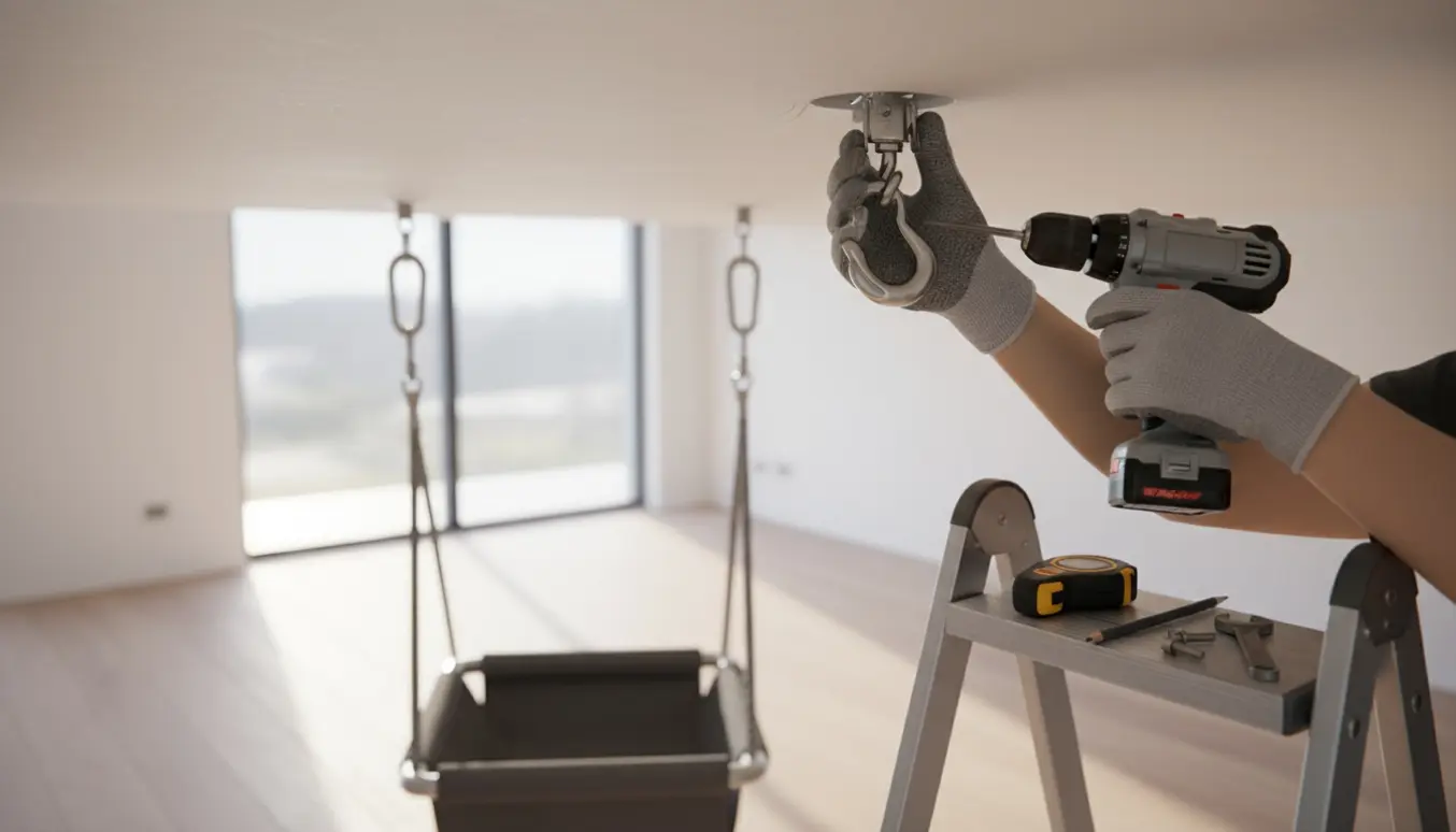 Nærbillede af montering af en kraftig krog i et gipsloft til en børnegynge.