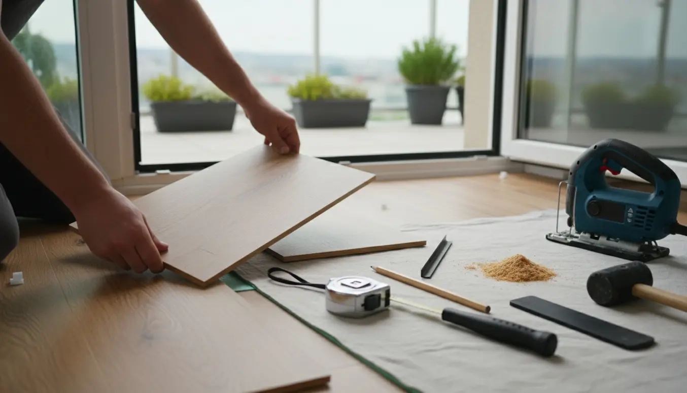 Hænder klikker et udskåret klikgulvsbræt på plads i en altandøråbning.