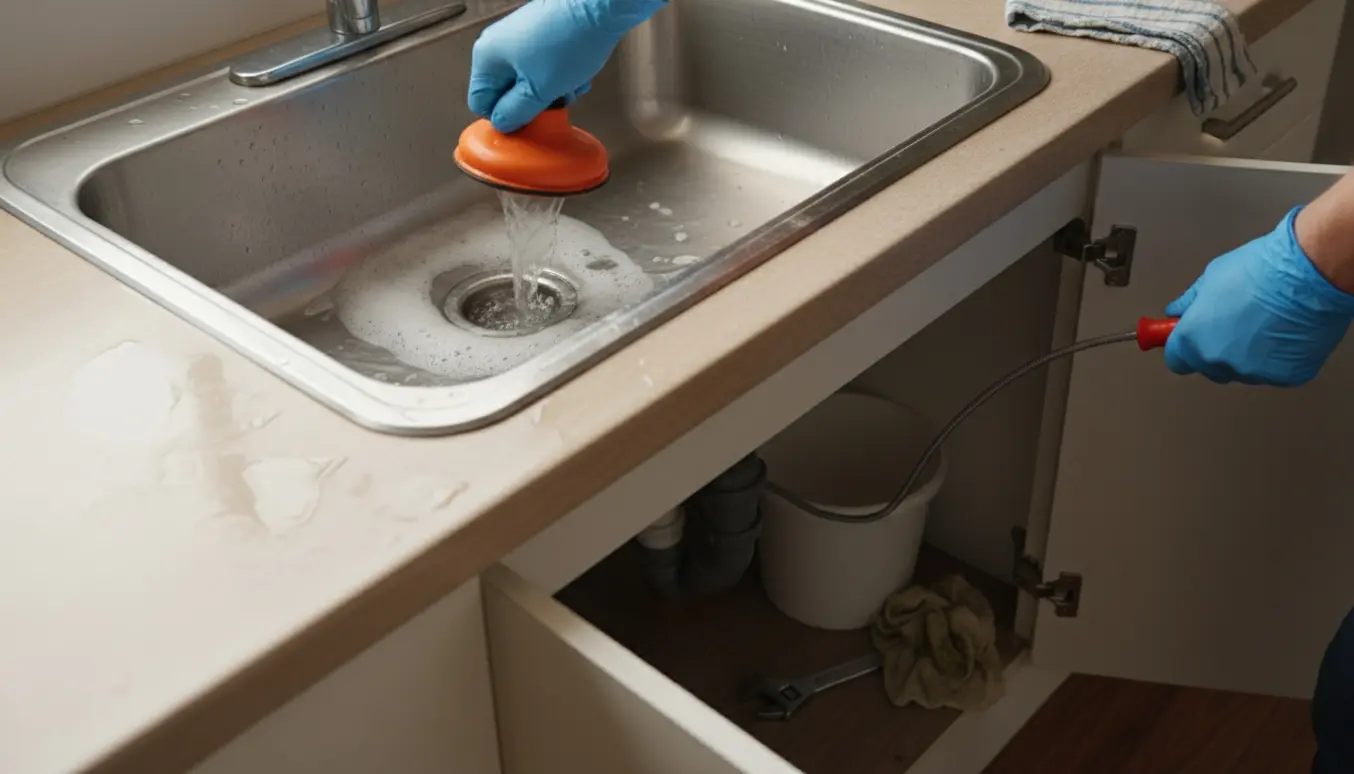 Køkkenvask med vand og svupper, rensebånd ført ind i det åbne underskab mod en dyb tilstopning.