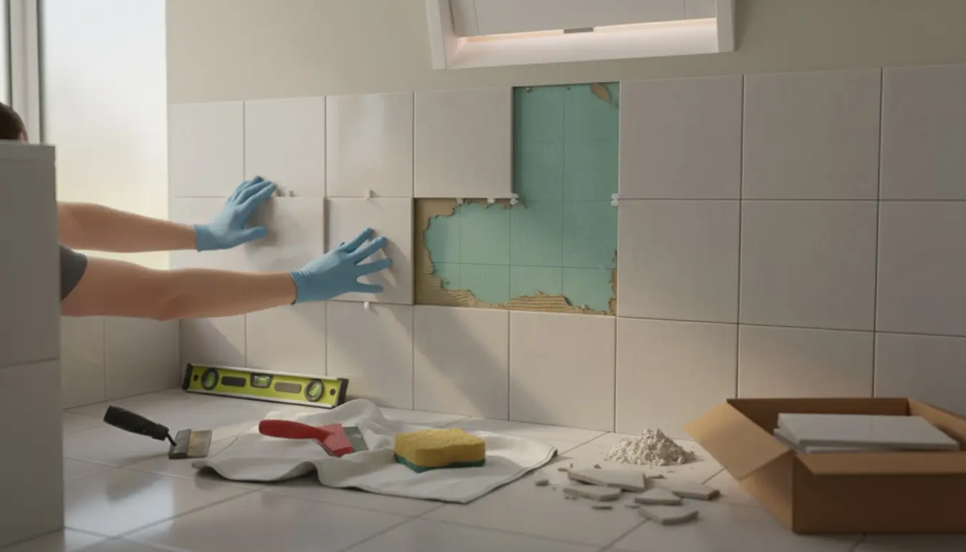 Hænder monterer en erstatningsflise på en badeværelsesvæg med værktøj, reservefliser og brudte flisestykker ved siden af.