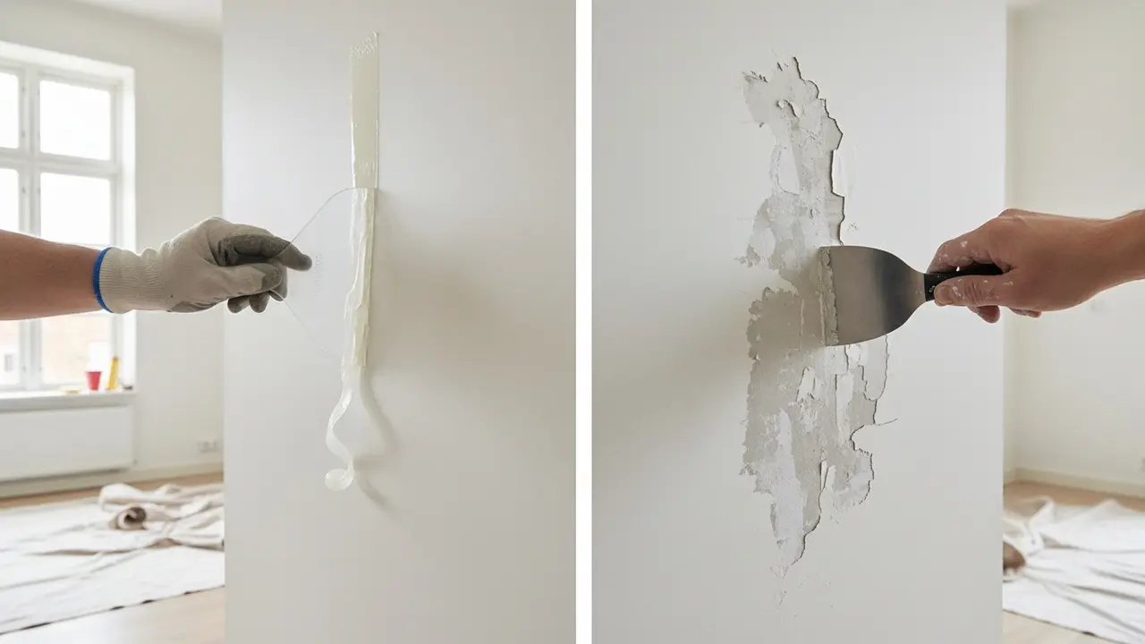 Sammenligning: blød plastikkort fjerner lim skånsomt vs metalkniv der ridser væggen.