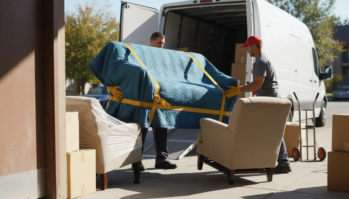 To flyttefolk læsser en lang sofa og to stole ind i en åben flyttevogn, møblerne er dækket af flyttetæpper.