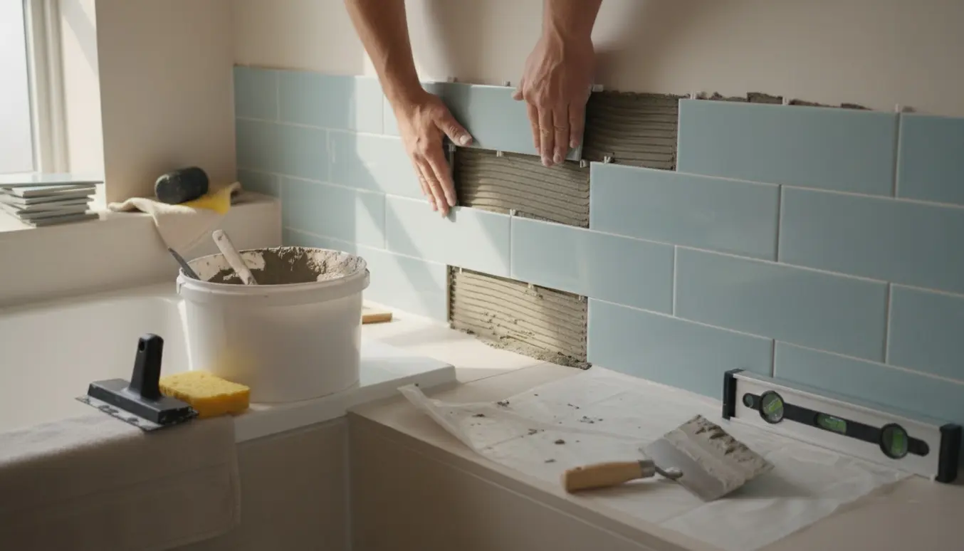 Hænder sætter keramiske vægfliser op i et lyst badeværelse med flisekryds og værktøj.