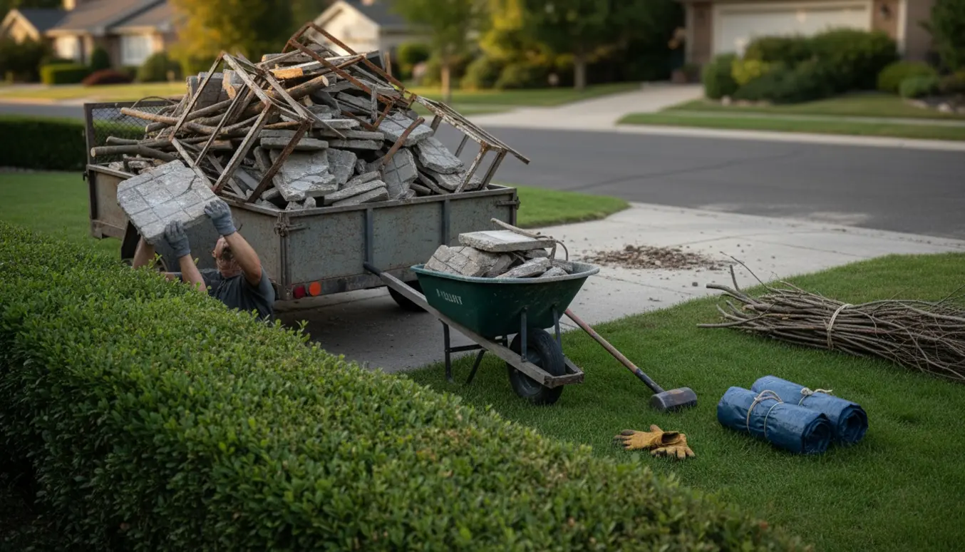 Trailer fyldt med haveaffald, knuste fliser, korte træstykker og afmonterede metalreoler bag en hæk.
