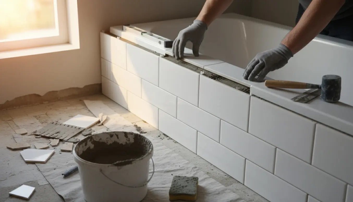 Håndværker placerer fliser på en nylakeret badekarkant med fliseklæb, flisekryds og fugeværktøj.