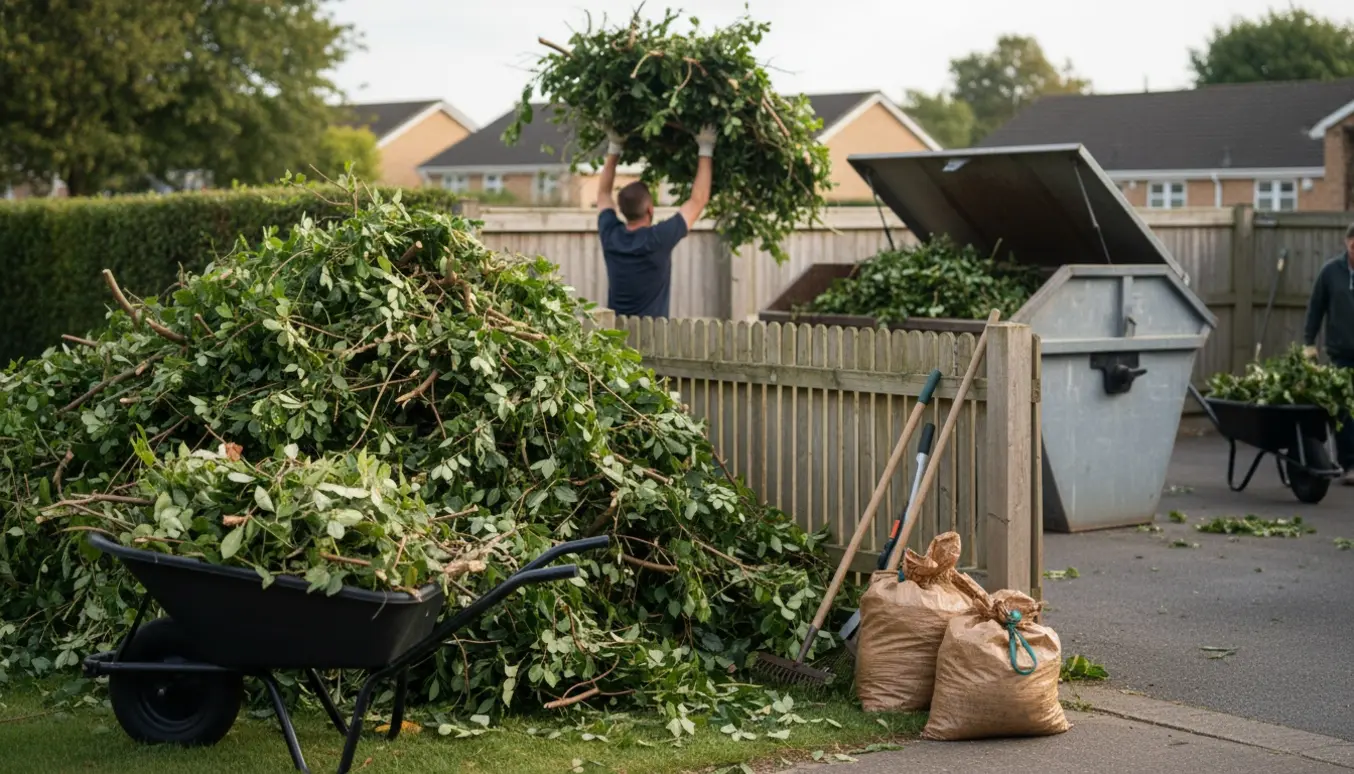 Stor bunke haveaffald med hækklip og grene løftes over et hegn til en container på indkørslen.