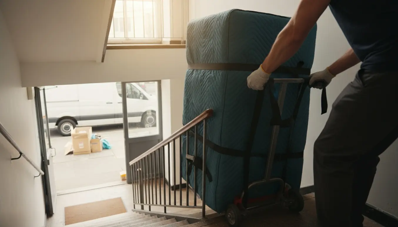 To personer bærer et stort køle-fryseskab ned ad en kvart-svingstrappe mod en åben varevogn på gaden.