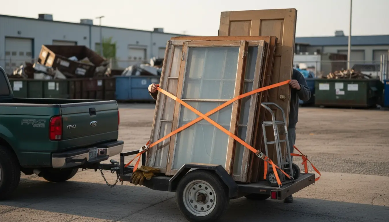 Gamle vinduer og en dør læsset og sikret på en trailer ved en genbrugsstation klar til aflevering.