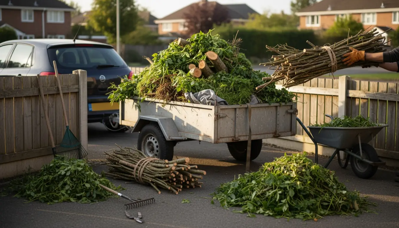 Trailer fyldt med haveaffald på indkørsel, klar til afhentning med rive, trillebør og bundter ved siden af.