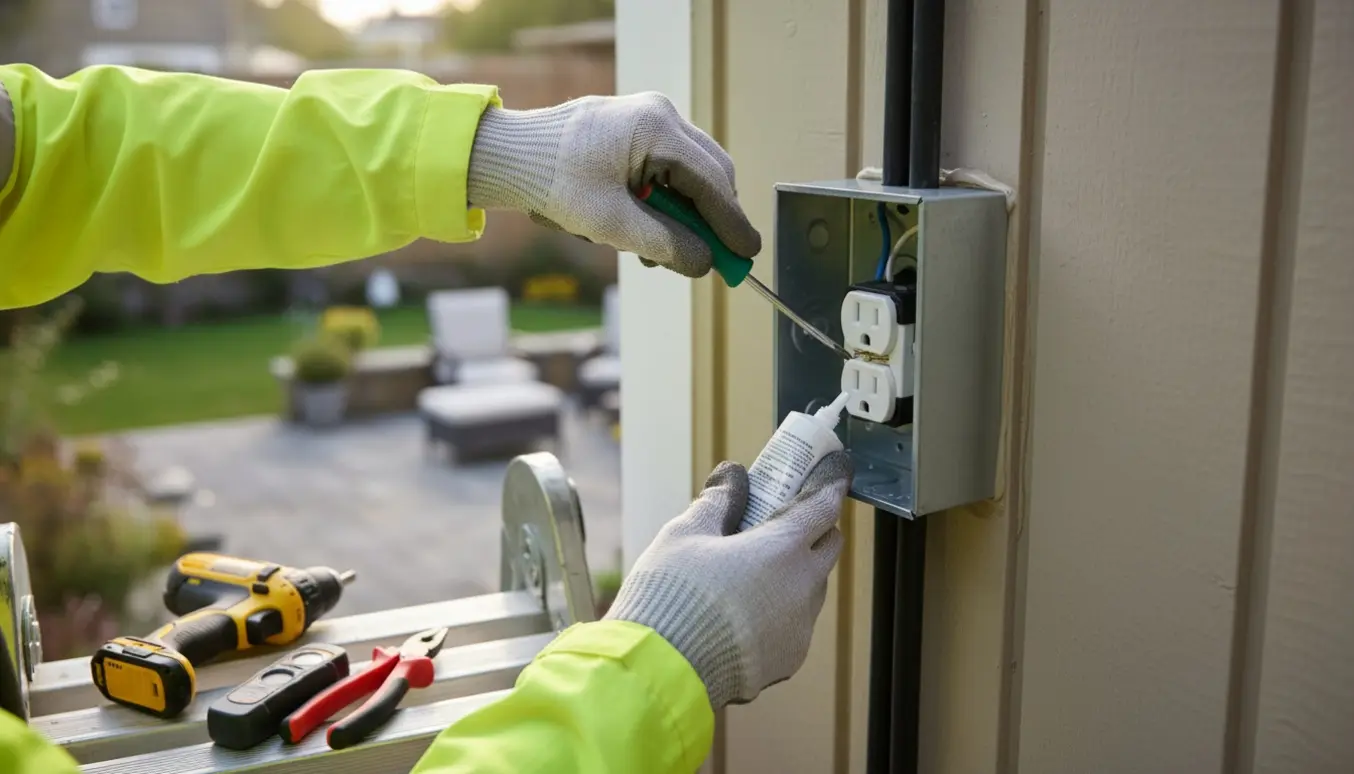 Handskerede hænder monterer en vejrbestandig udendørs stikkontakt på husets facade.