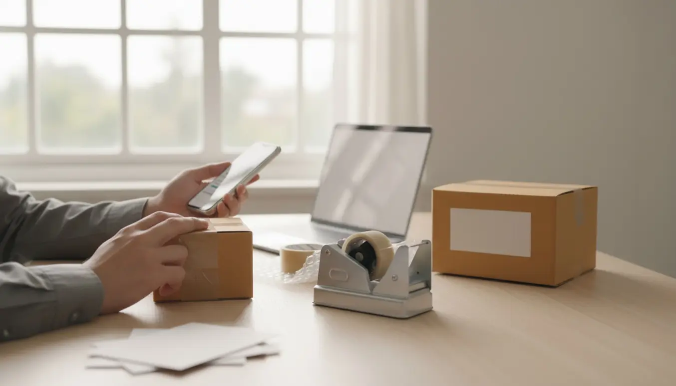 Nærbillede af hænder, der pakker en vare klar til afsendelse ved siden af en smartphone med en sløret annonce.