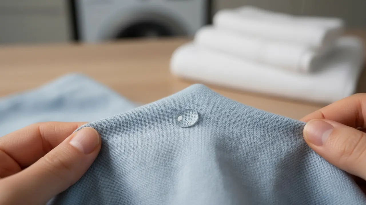 Person holder tøj op og inspicerer en frisk neglelimplet på stoffet