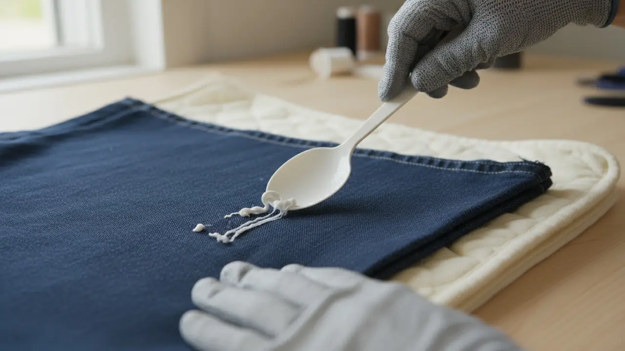 Handske-beklædt hånd skraber forsigtigt overskydende neglelim af med en plasticske