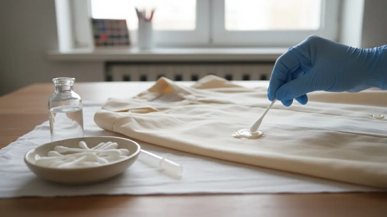 Opsætning til acetone-metoden med vatpinde, acetoneflaske og beskyttende klud under tøjet