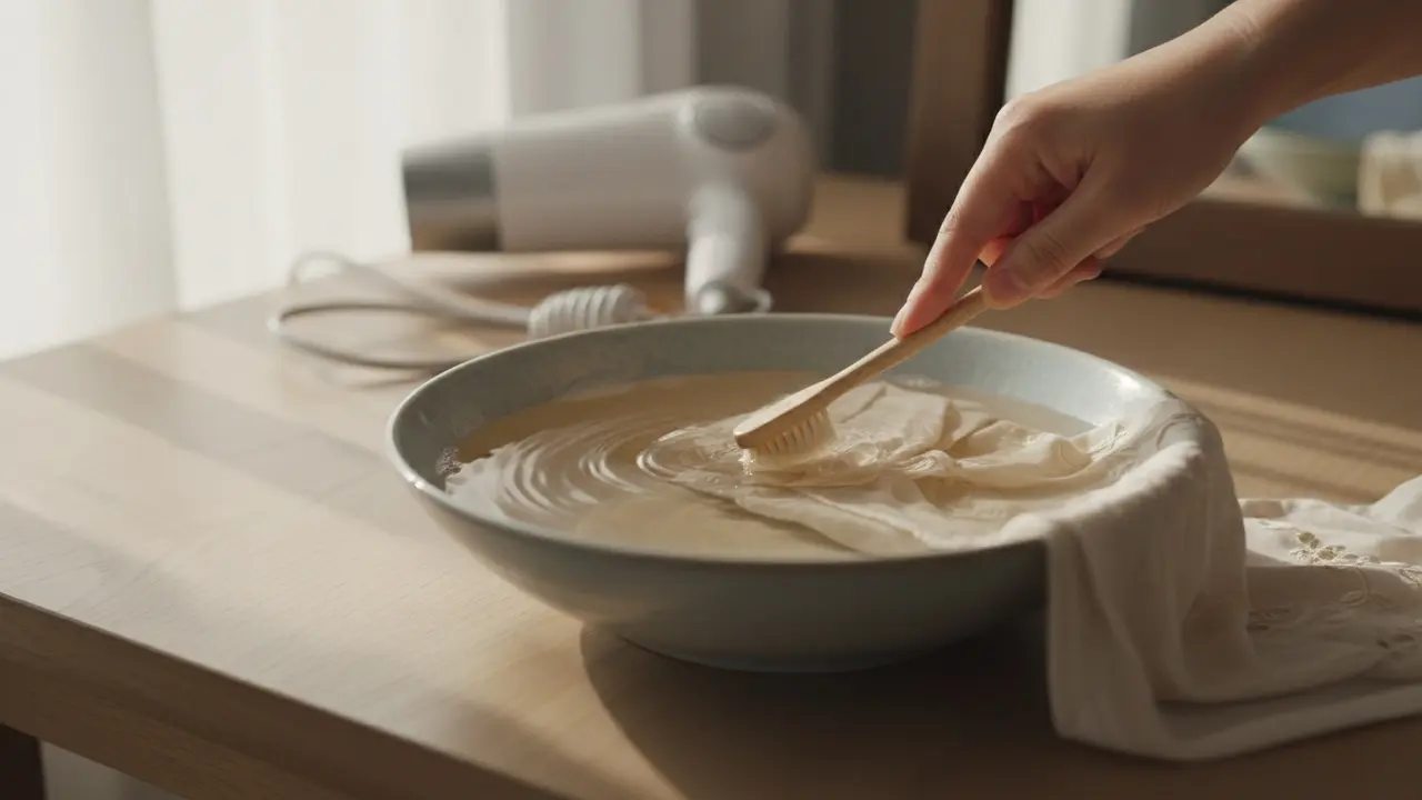 Skånsom metode med varmt sæbevand og en blød tandbørste på et stykke tøj