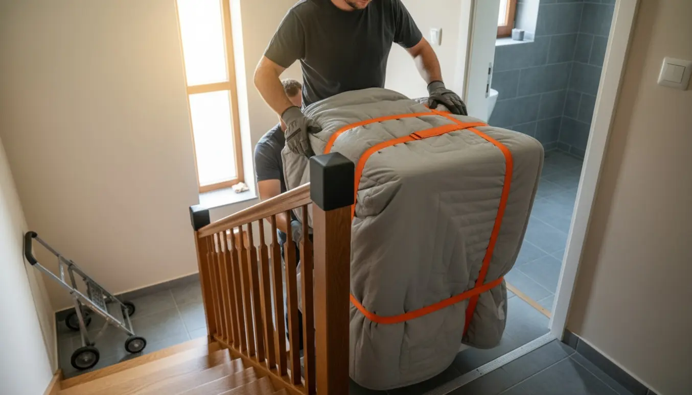 To personer bærer en tørretumbler ned ad en smal trappeopgang uden elevator, pakket ind i et flyttetæppe og fastgjort med bæreremme.