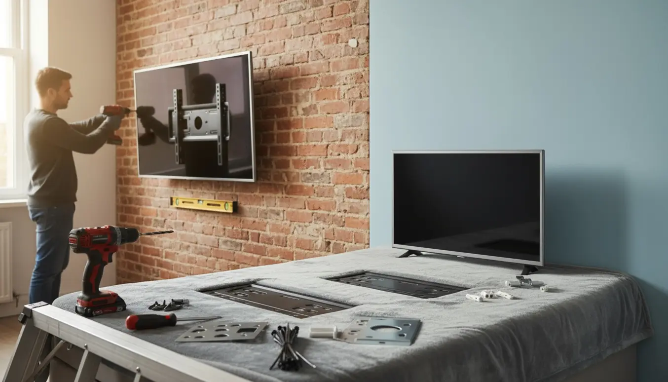 En håndværker monterer et stort TV på en murstensvæg, mens et mindre TV er klar til opsætning på en gipsvæg med værktøj ved siden af.