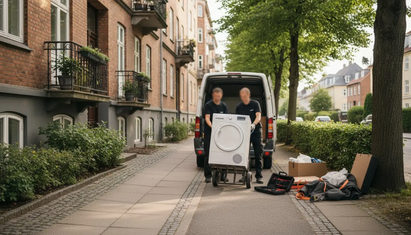 To personer læsser en tørretumbler på en tralle foran en opgang i Frederiksberg klar til levering til Søborg.
