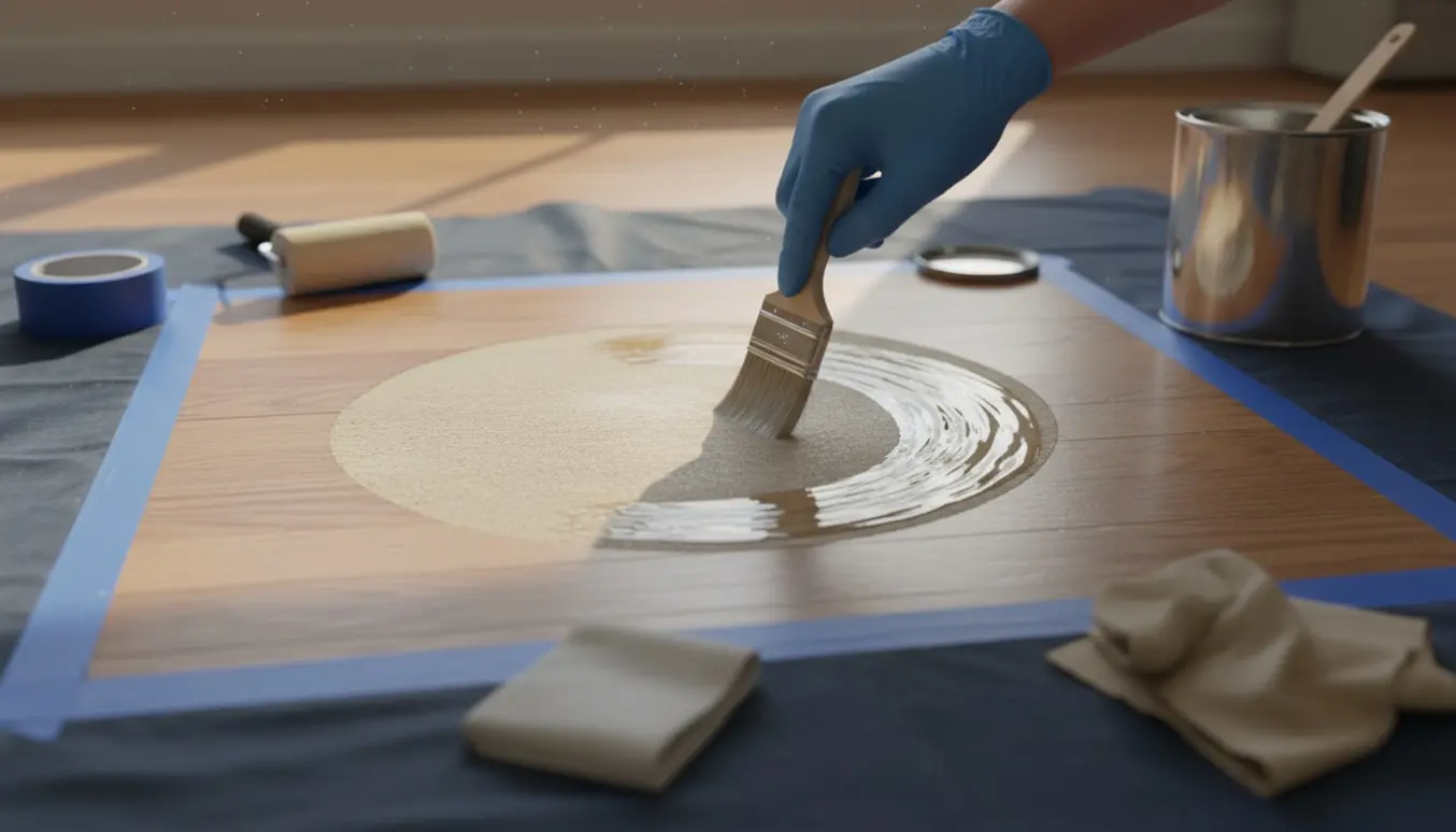 Nærbillede af genlakering af en plet på trægulv med pensel og åben lakdåse.