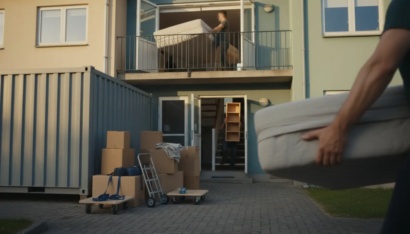 Seng løftes ud gennem en fransk altandør mens reoler bæres ned ad trappen og kasser står ved en flyttecontainer i indkørslen.