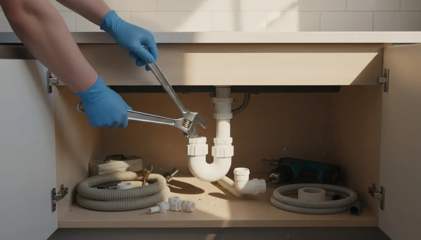 Åbent køkkenskab med ny plastvandlås, opvaskemaskineafløb og værktøj klar til montering.