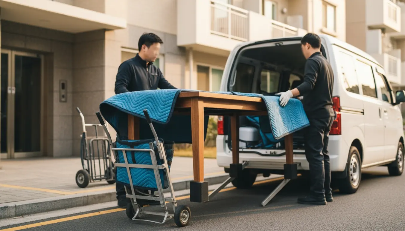 Et mødebord til fire flyttes ind i en varevogn udenfor en boligblok, pakket med flyttetæpper og sikret med stropper.