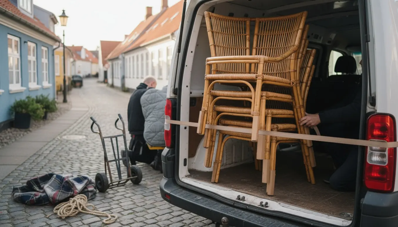 Åben varevogn i Frederiksværk med seks fletbambusstole stablet og klar til afhentning.