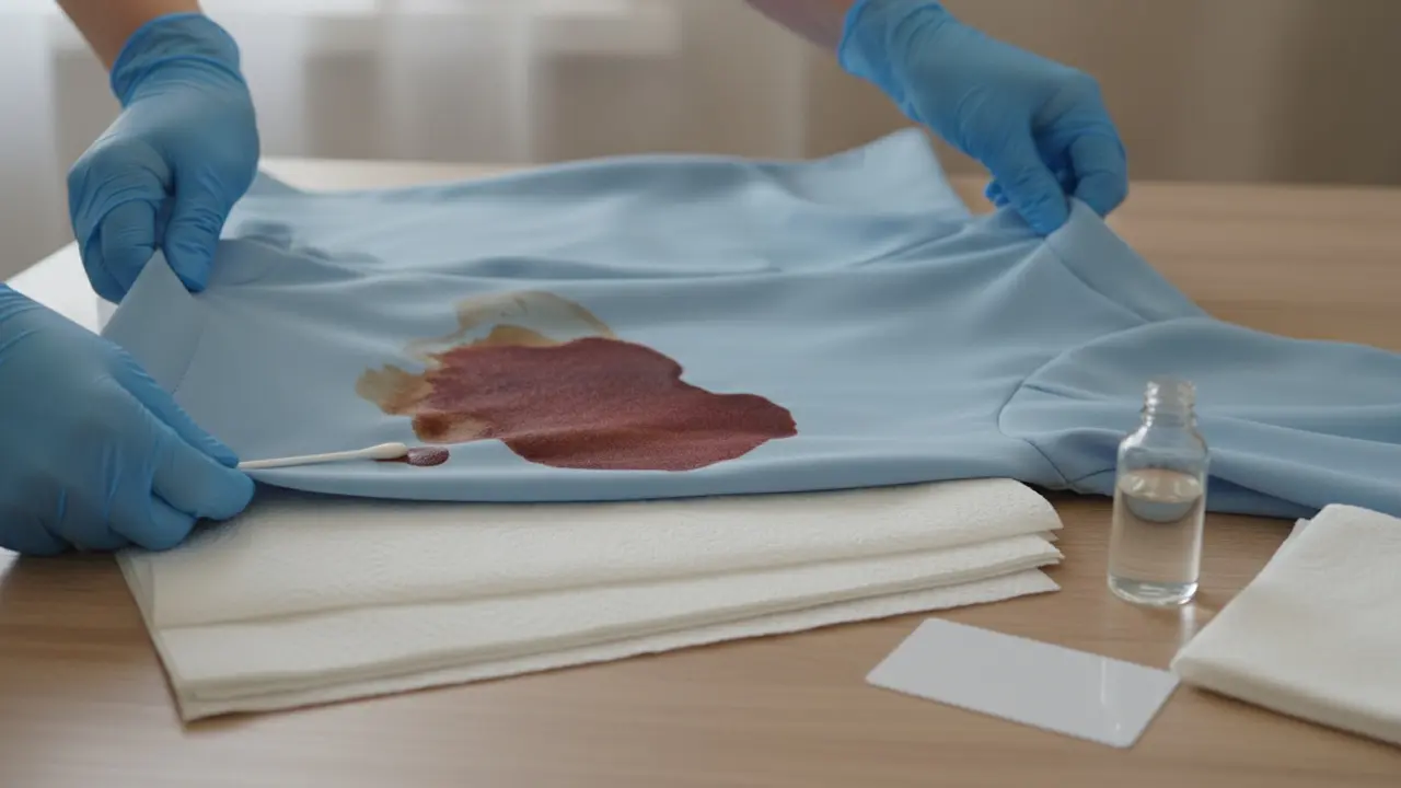 T-shirt lagt med pletten nedad på køkkenrulle, handsker dupper pletten ind mod midten