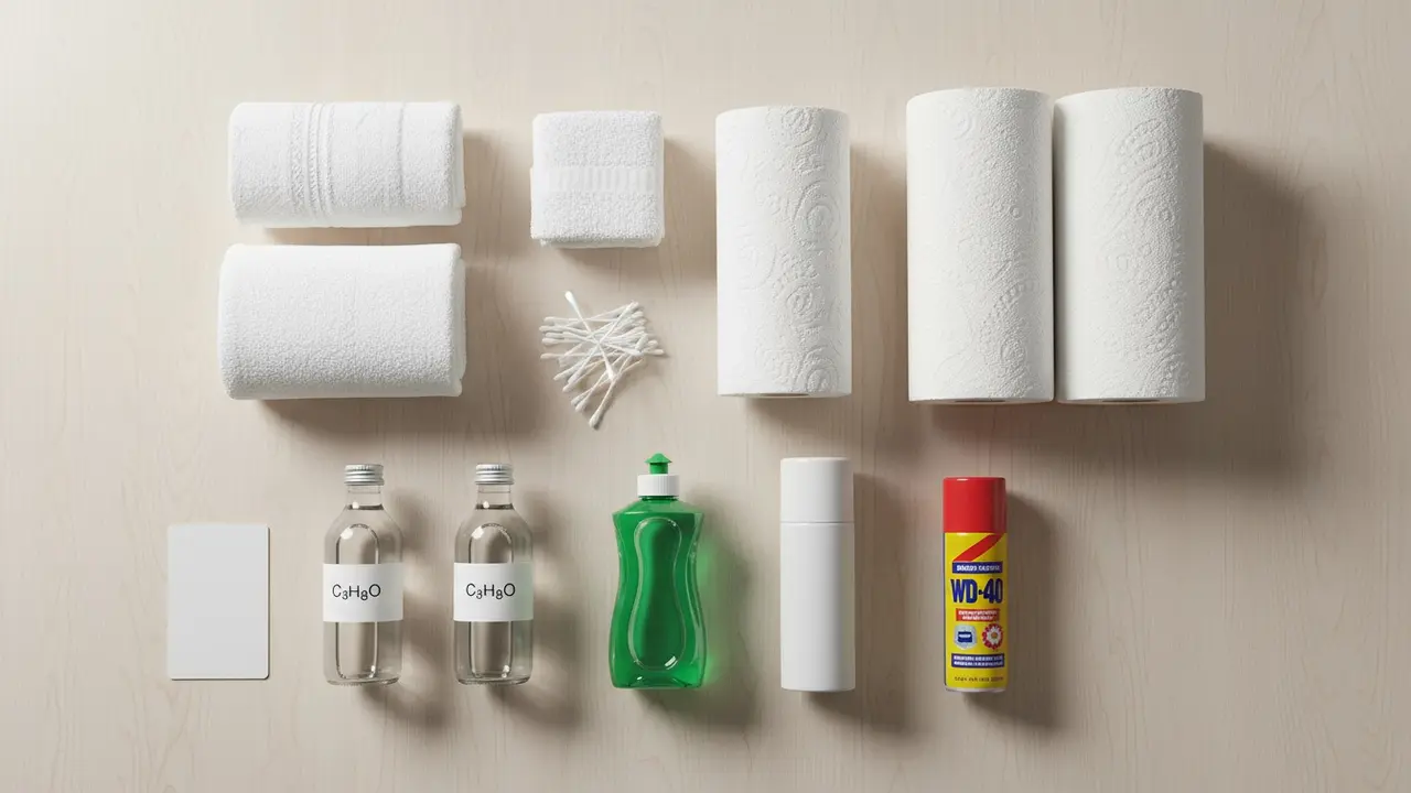 Oversigt over nødvendige materialer: hvide håndklæder, vatpinde, kreditkort, alkohol, opvaskemiddel, barberskum, WD-40